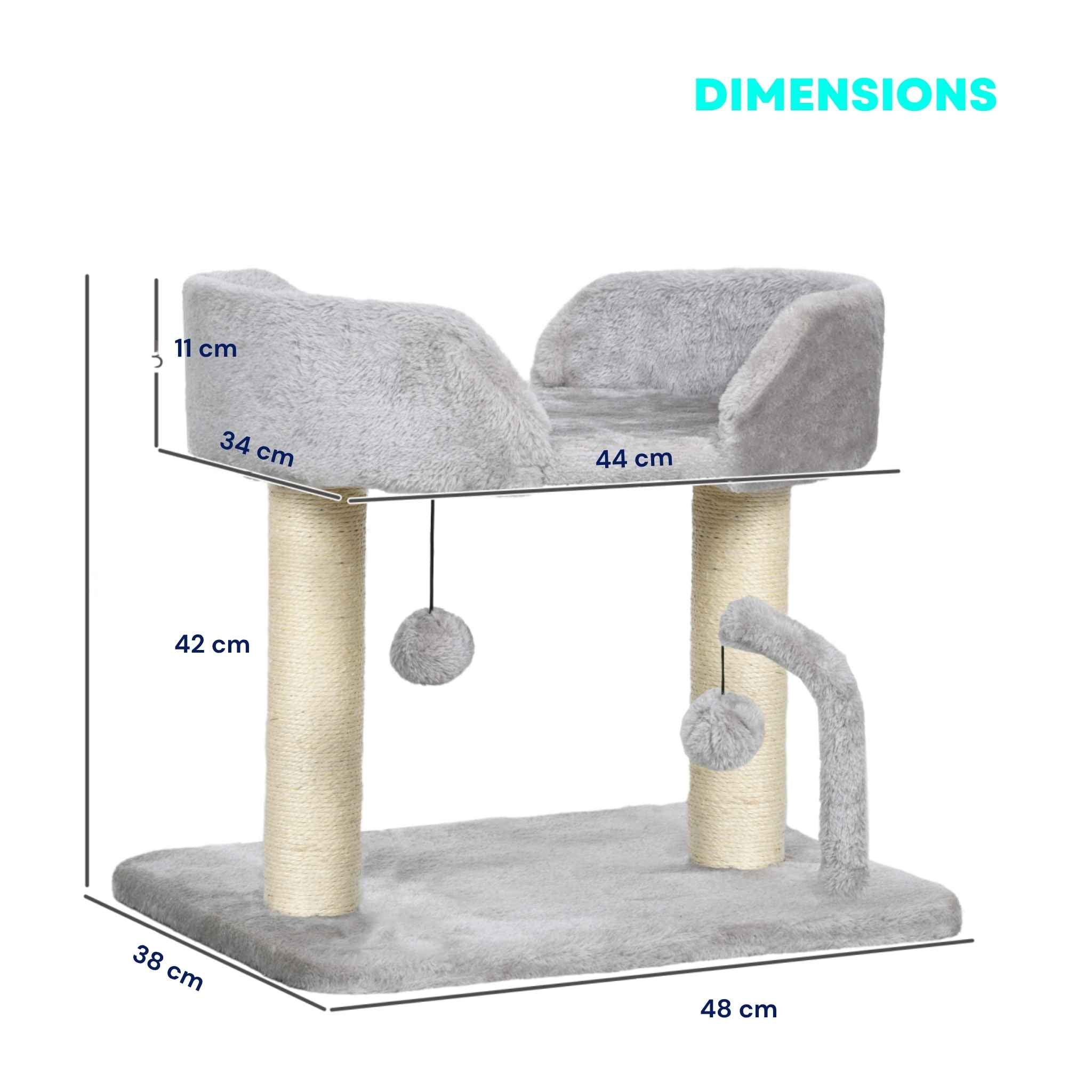 Dimensions for small grey cat tree with sisal rope scratching posts