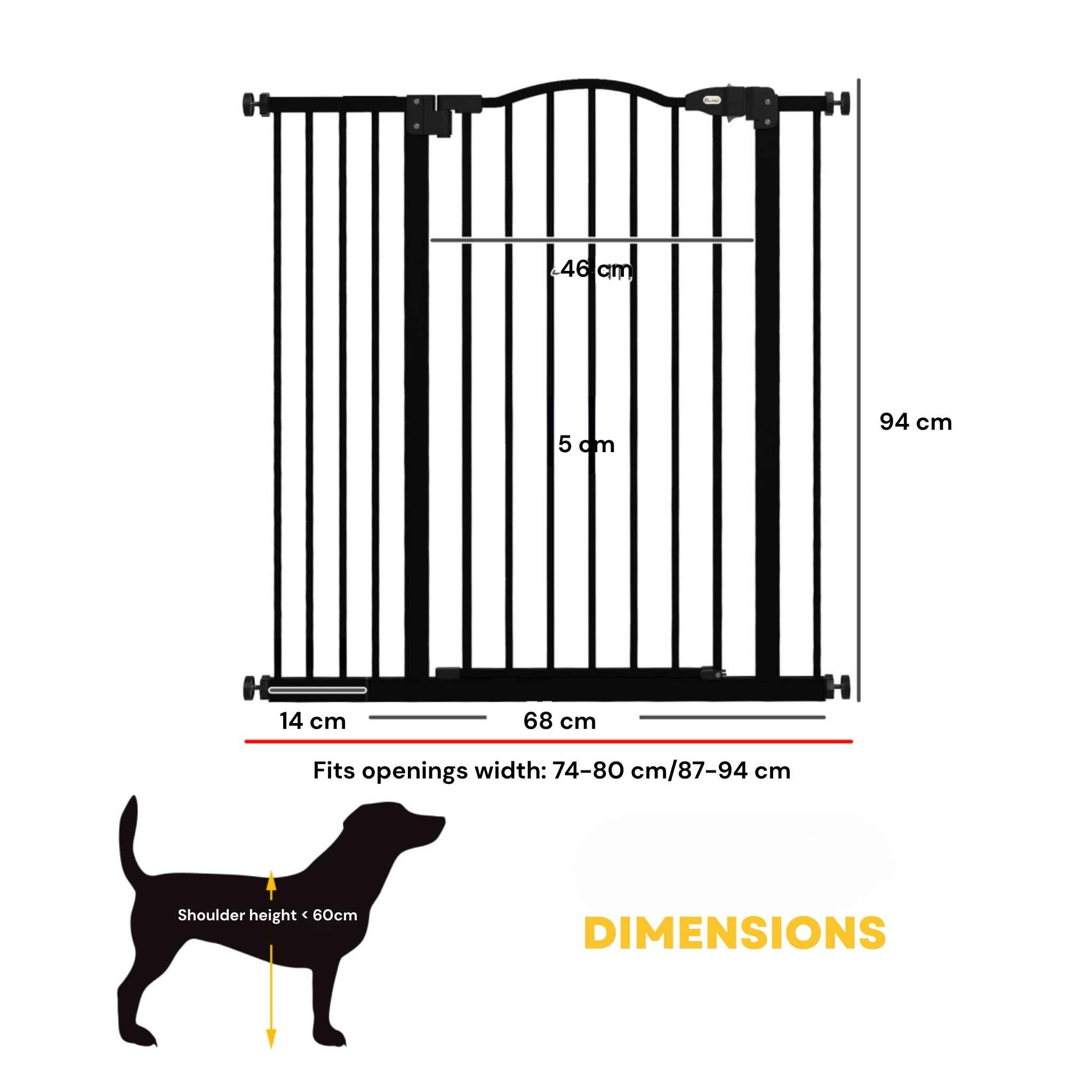 Dimensions for tall black pet gate 74–94cm x 94cm