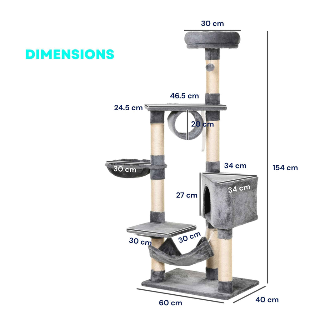 Dimensions for tall multi-level grey plush fabric cat tree