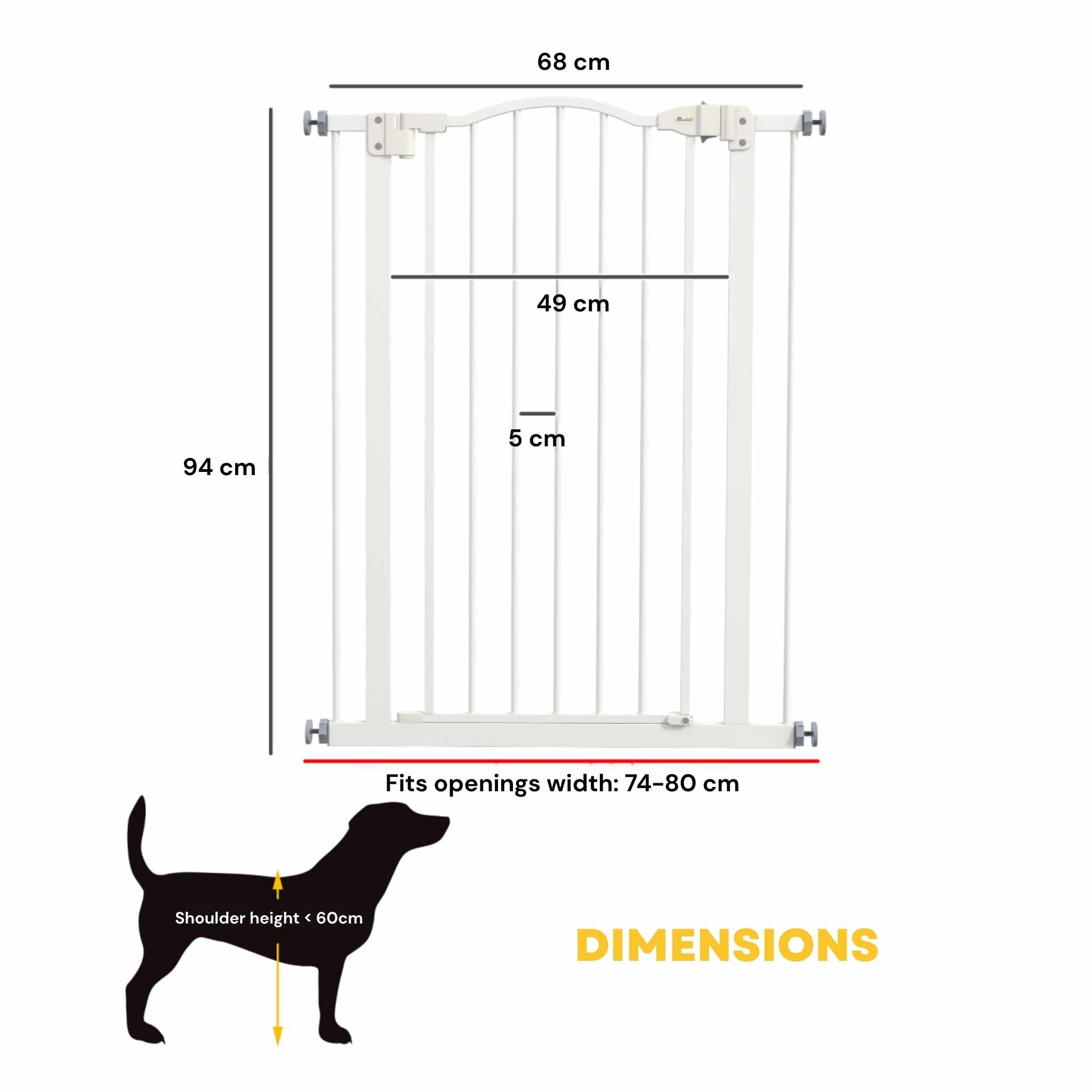 Dimensions for tall narrow white 74–80cm x 94cm dog gate