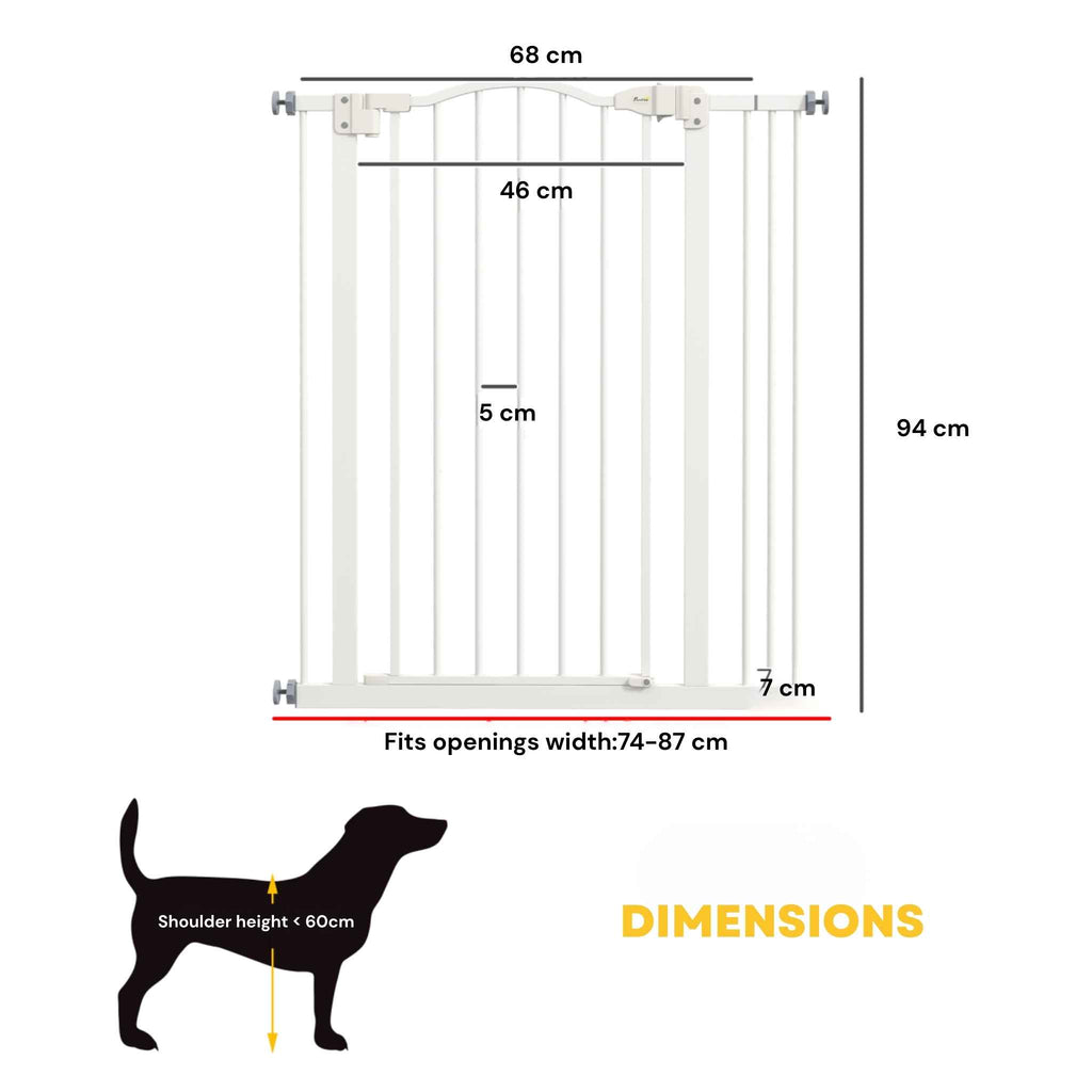 Dimensions for tall white 74–87cm x 94cm pet gate