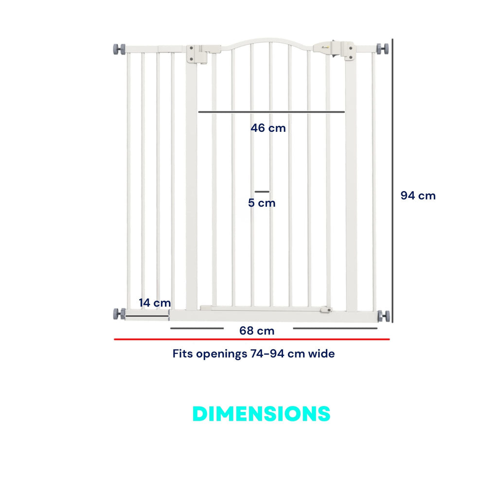 Dimensions for tall white pet gate 74cm-94cm x 94cm