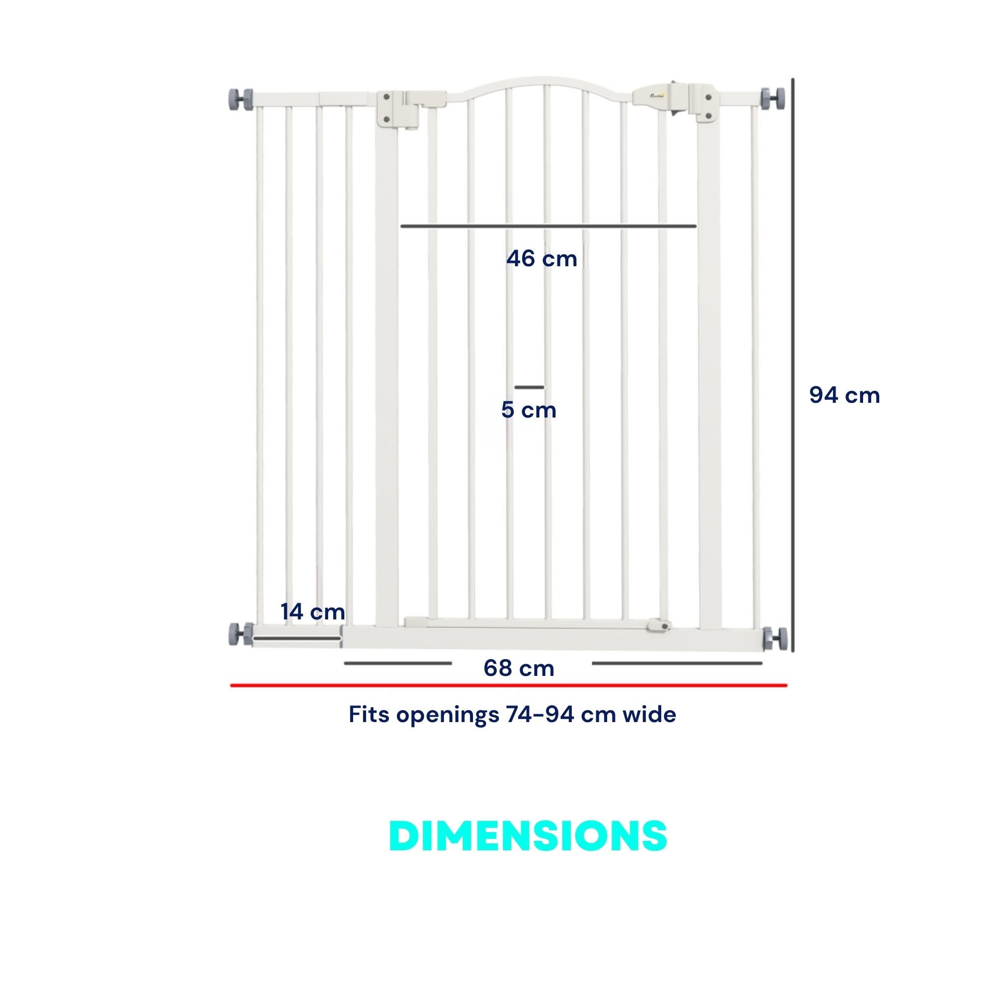 Dimensions for tall white pet gate 74cm-94cm x 94cm