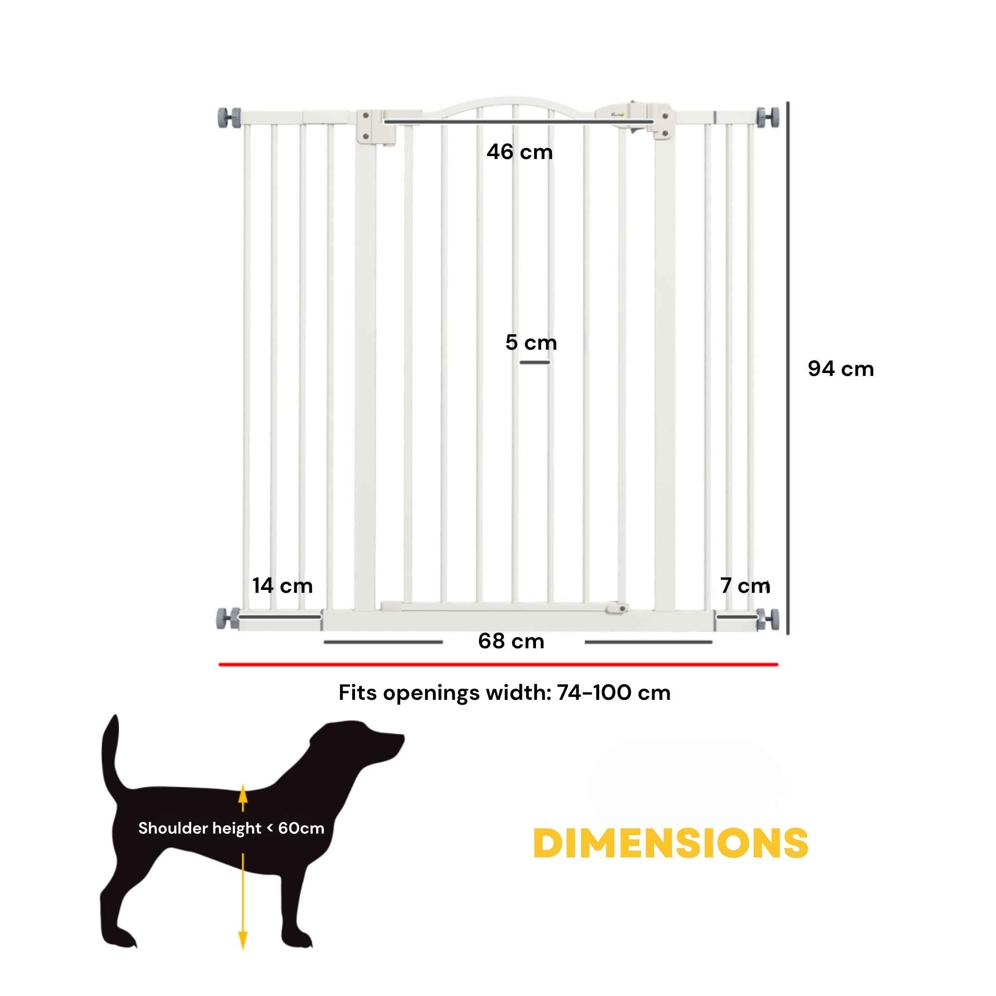 Dimensions for tall wide 74–100cm x 94cm white pet gate