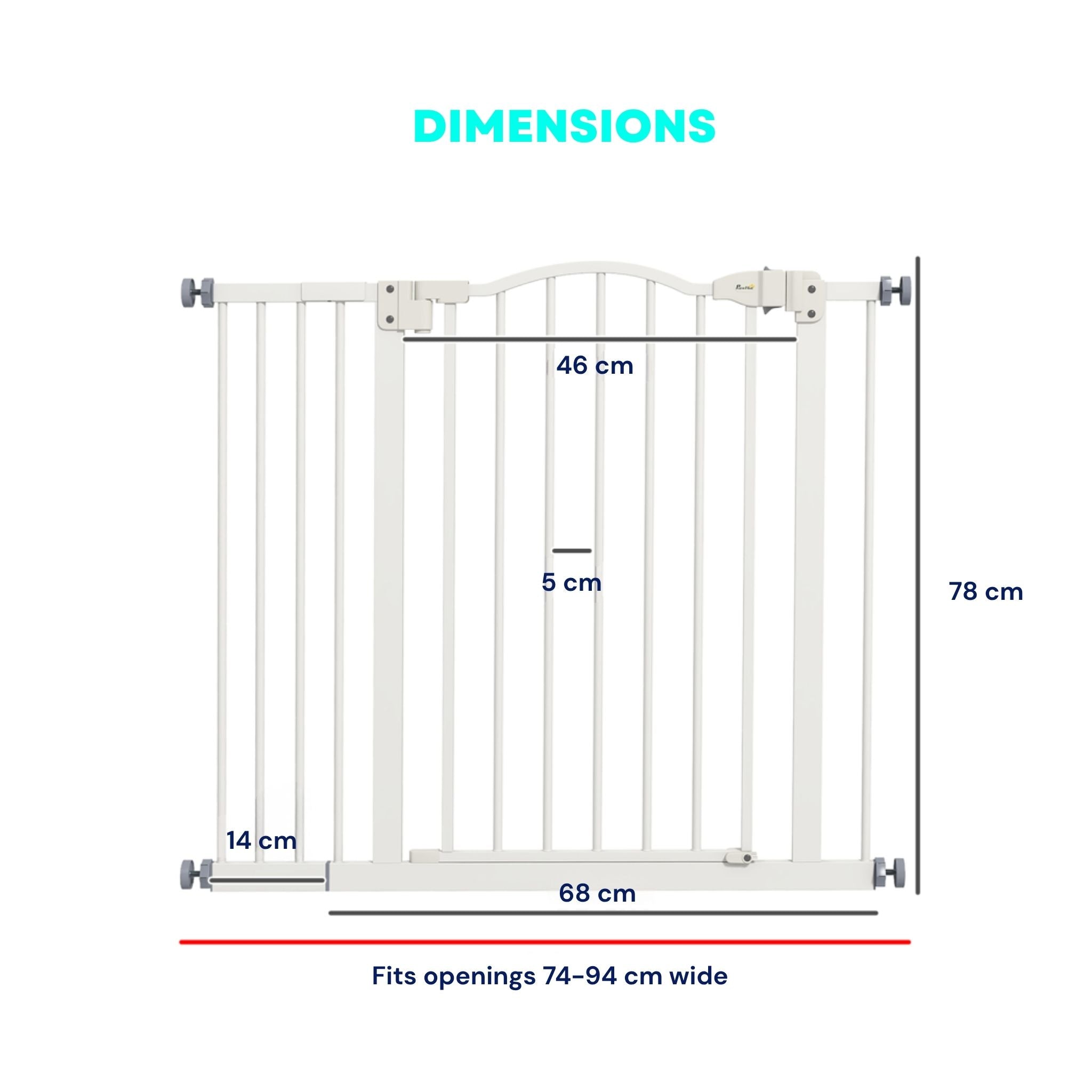 Dimensions for white adjustable pet gate 74-94cm wide
