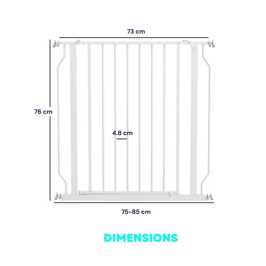 Dimensions for white pressure fit metal dog barrier 75-85cm x 76cm