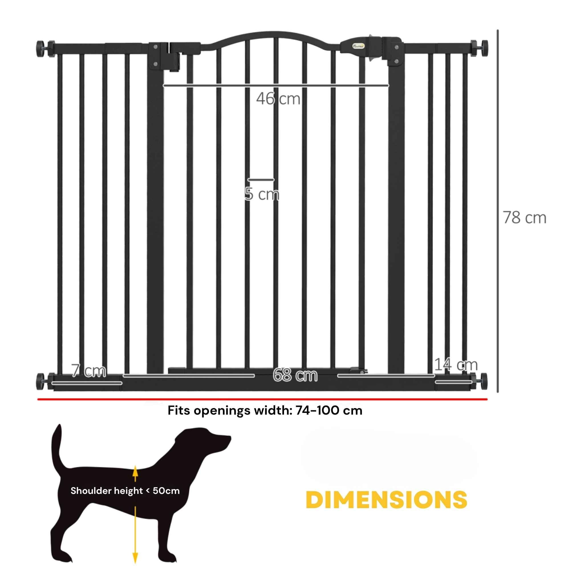 Dimensions for wide 74–100cm x 78cm black pet gate