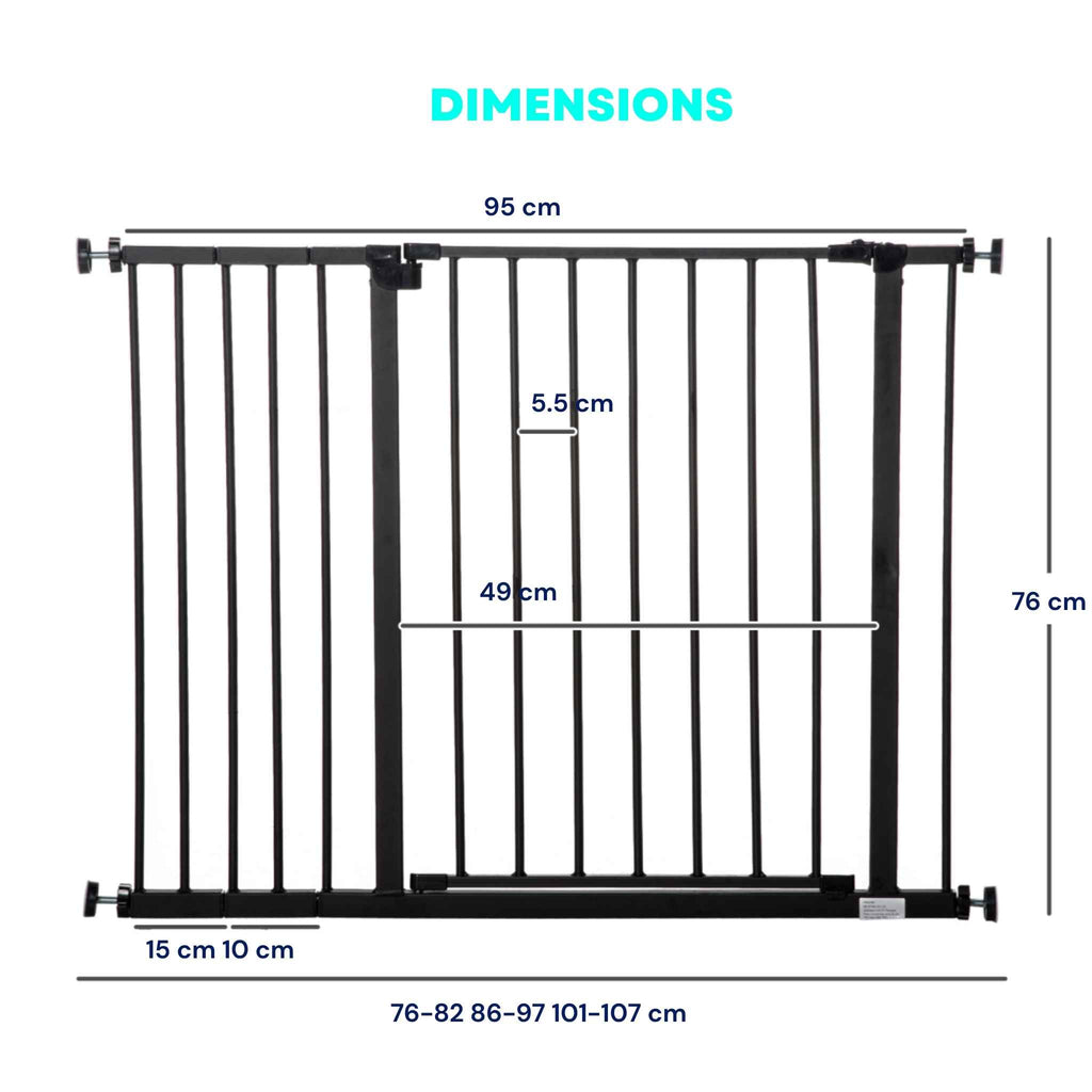 Dimensions for wide black pet gate 76-107cm x 76cm