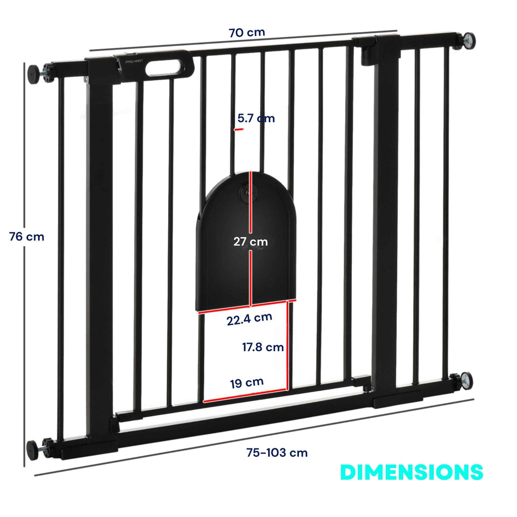 Dimensions for wide black pet gate with cat door