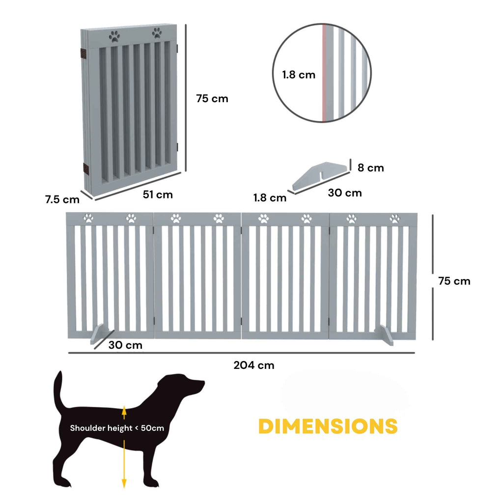 Dimensions for wide freestanding 204cm x 75cm grey pet gate