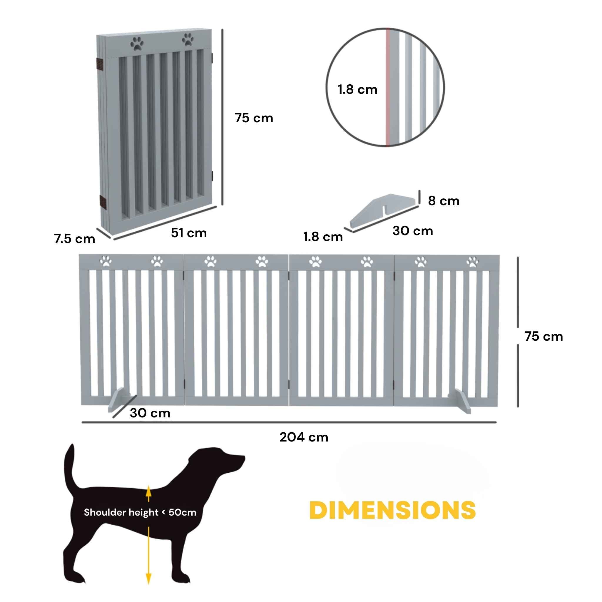 Dimensions for wide freestanding 204cm x 75cm grey pet gate