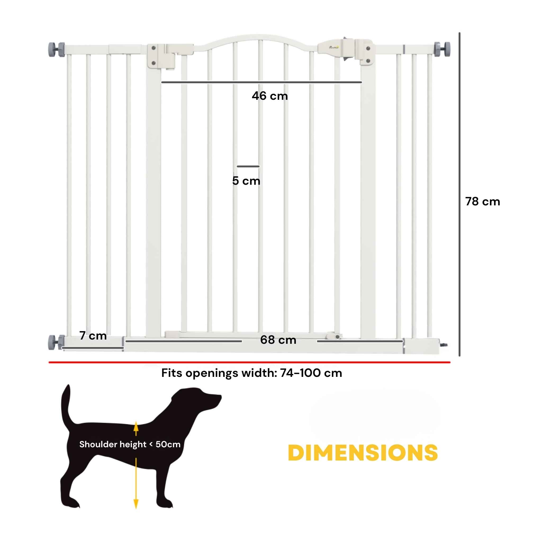 Dimensions for wide white 74–100cm x 78cm pet gate