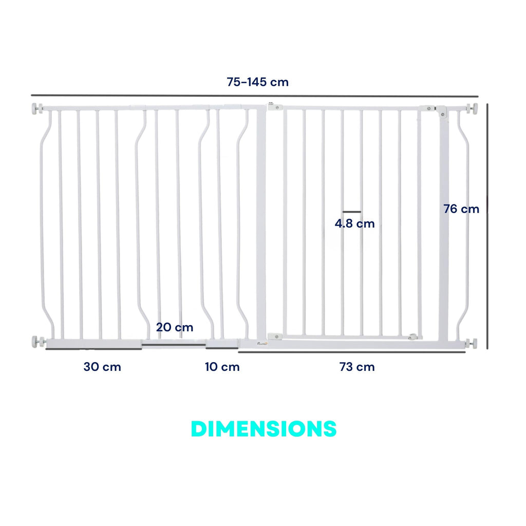Dimensions for wide white dog gate 75-145cm x 76cm