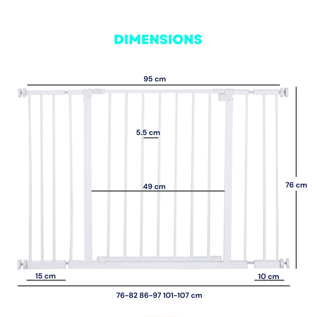 Dimensions for wide white pet gate 76-107cm x 76cm