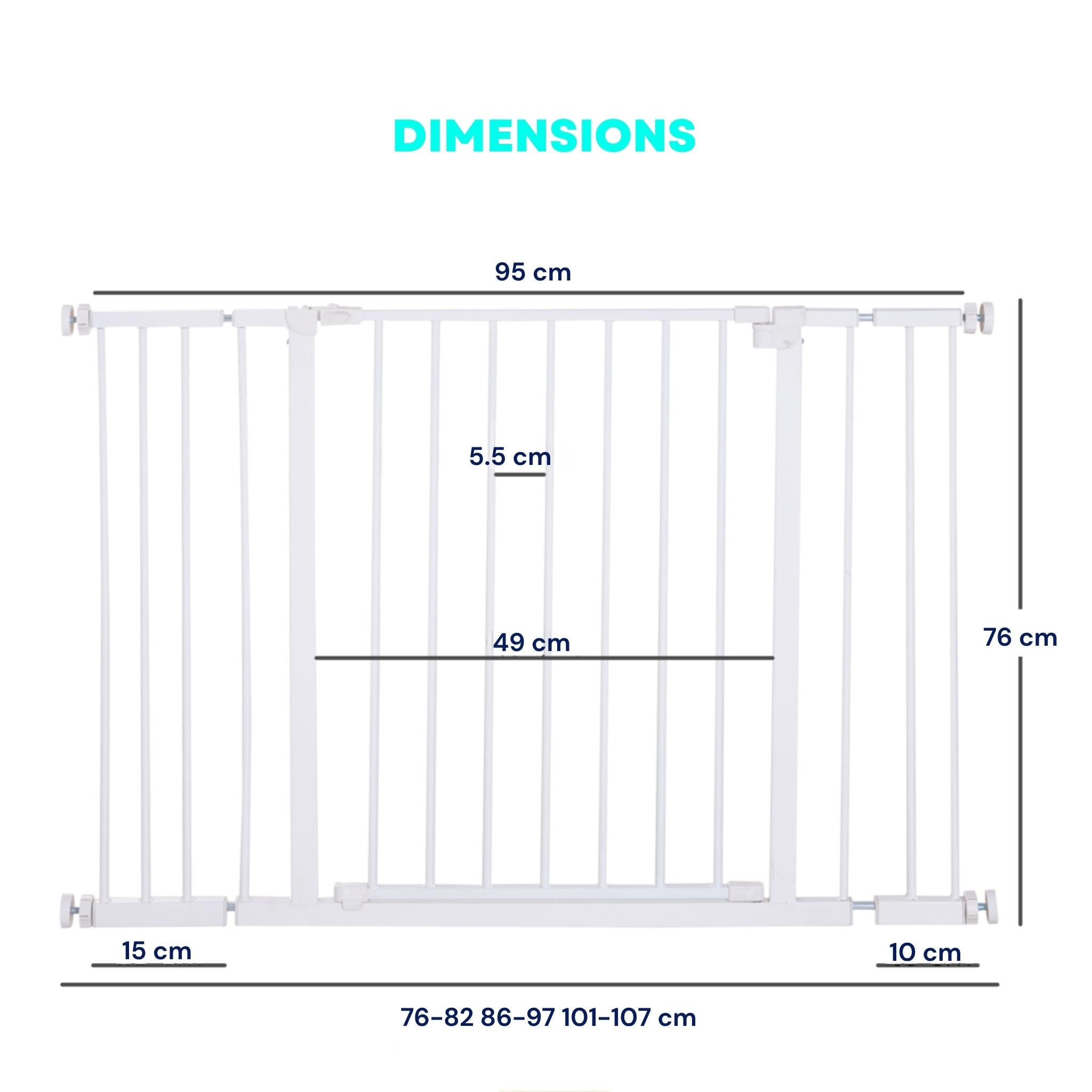 Dimensions for wide white pet gate 76-107cm x 76cm
