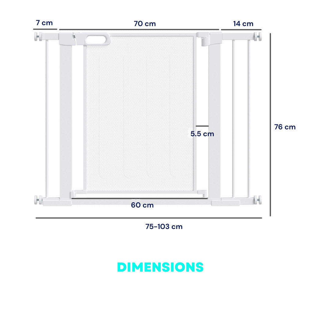Dimensions for wide white pet gate with metal mesh door