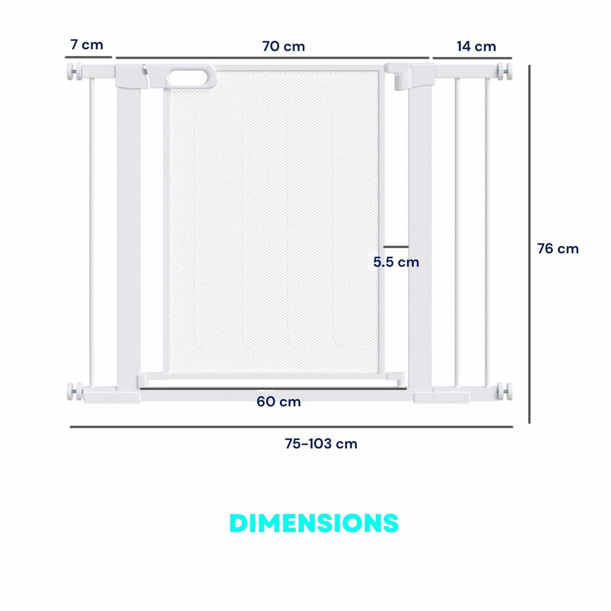 Dimensions for wide white pet gate with metal mesh door