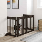 Dog in black pet gate in hallway