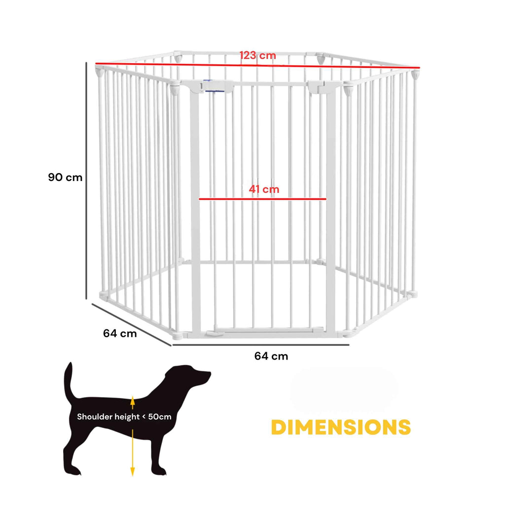 Dog pen & pet gate 6 white panels 384cm x 90cm dimensions