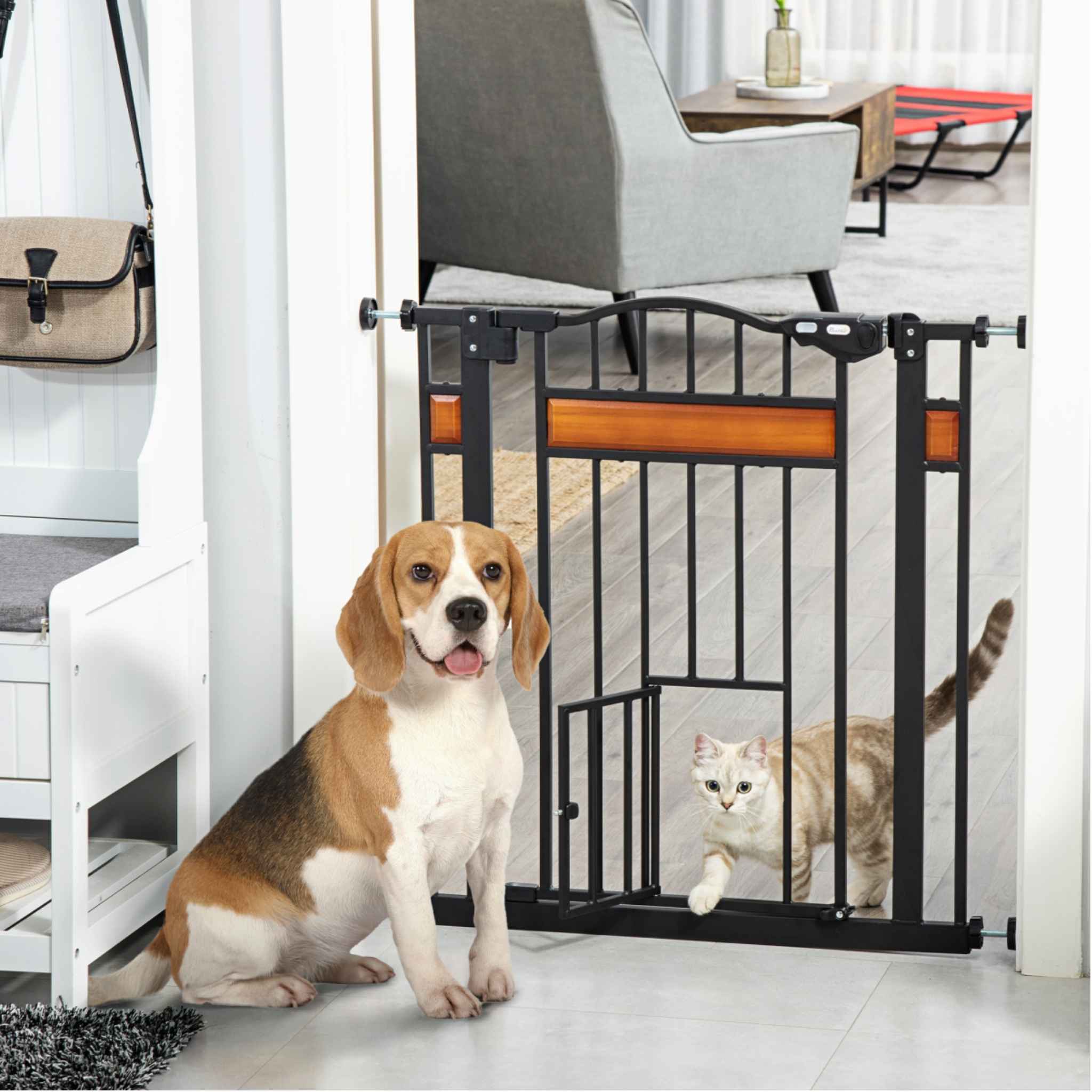 Dog sitting in front of pet gate while cat walks through door