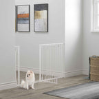Dog sitting in front of wide white pet barrier in hallway