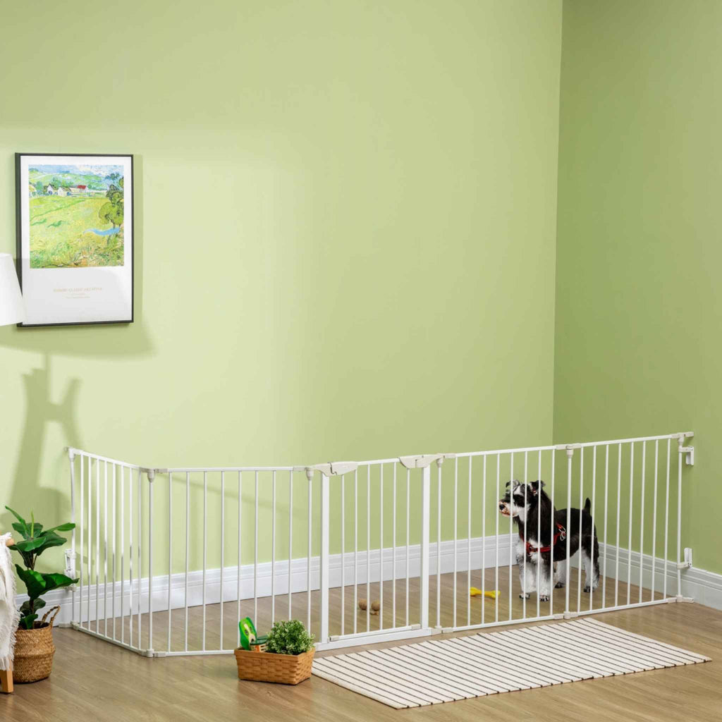 Dog standing in pen within living room