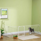 Dog standing in pen within living room