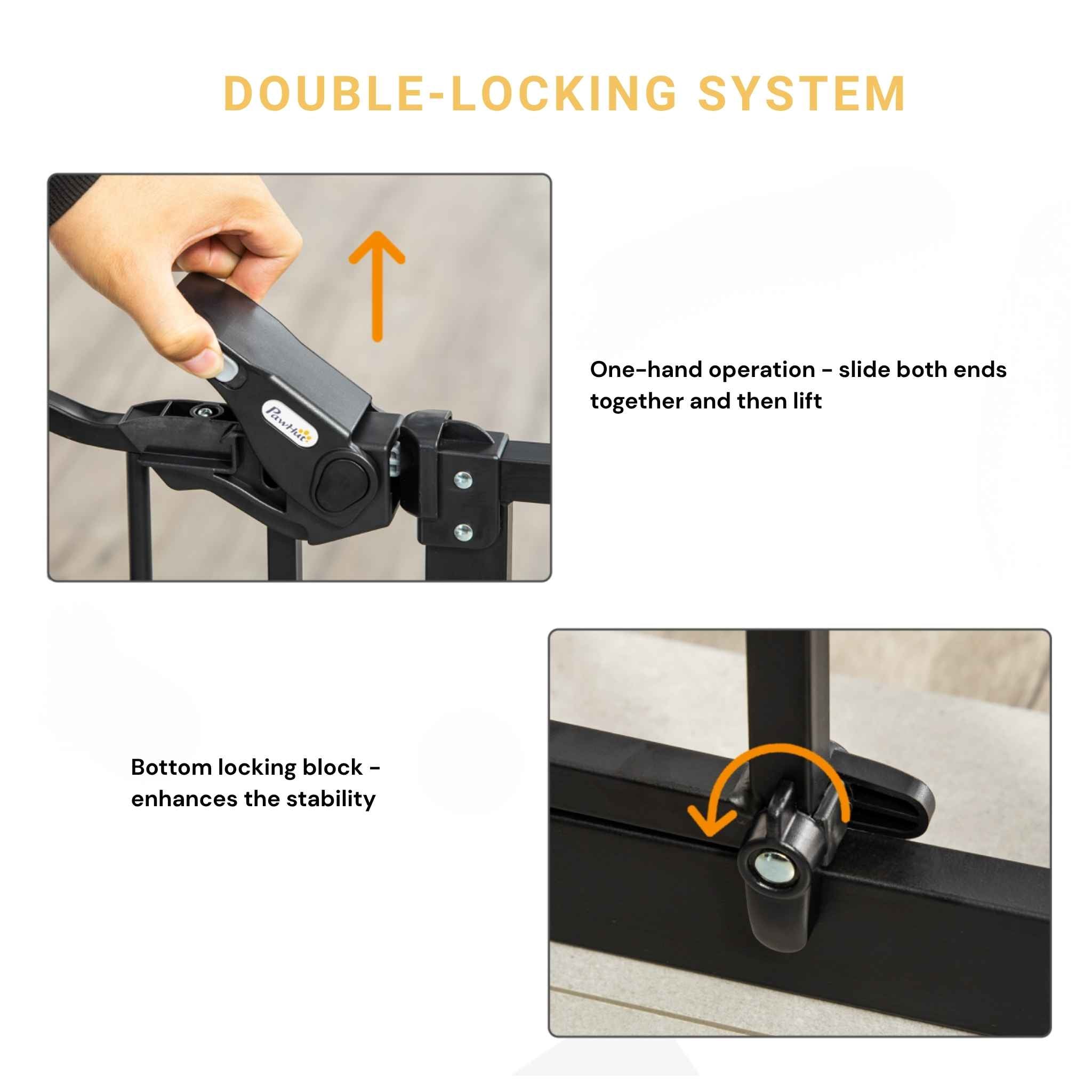 Double lock function for extra tall black metal pet gate