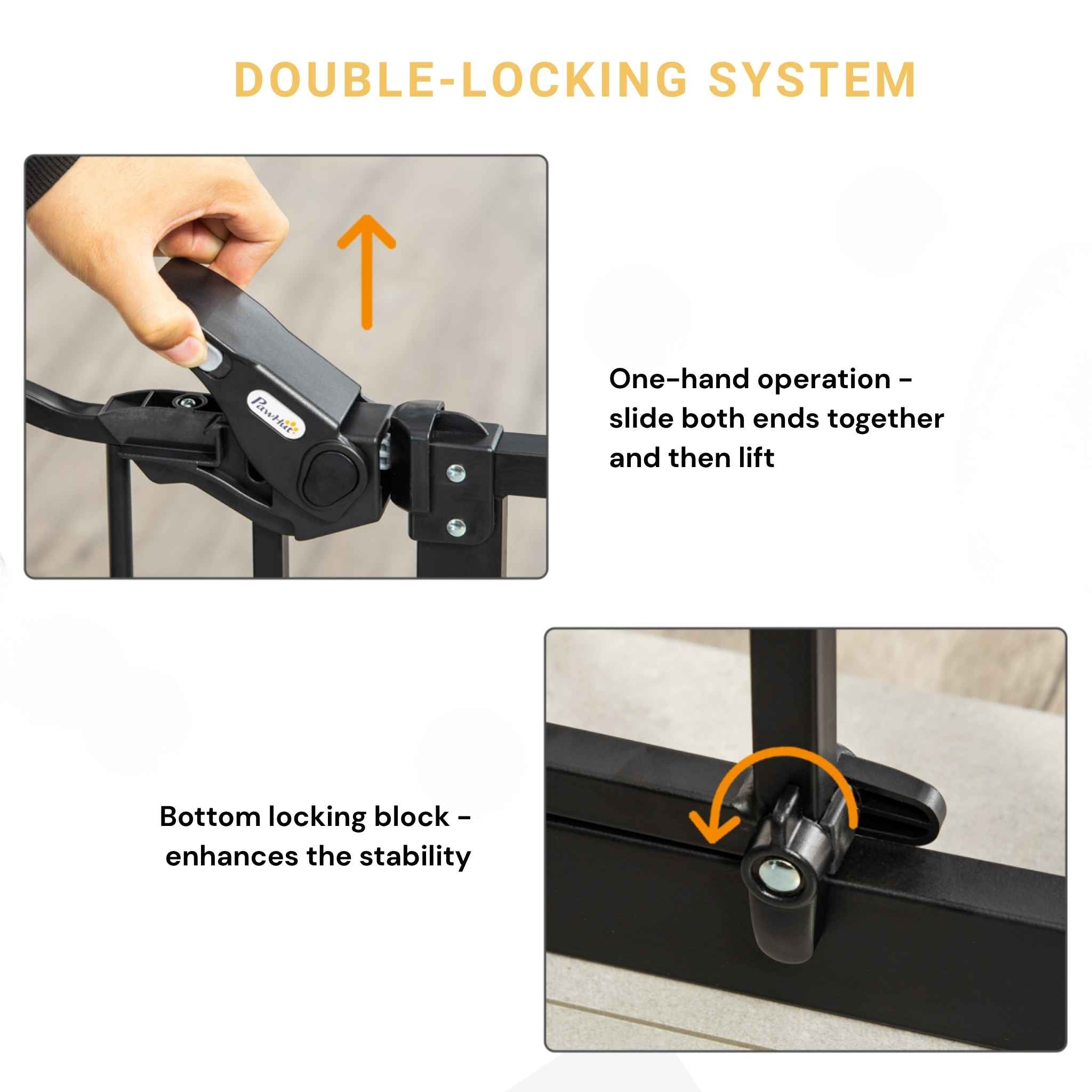 Double lock system for black metal extra tall dog gate