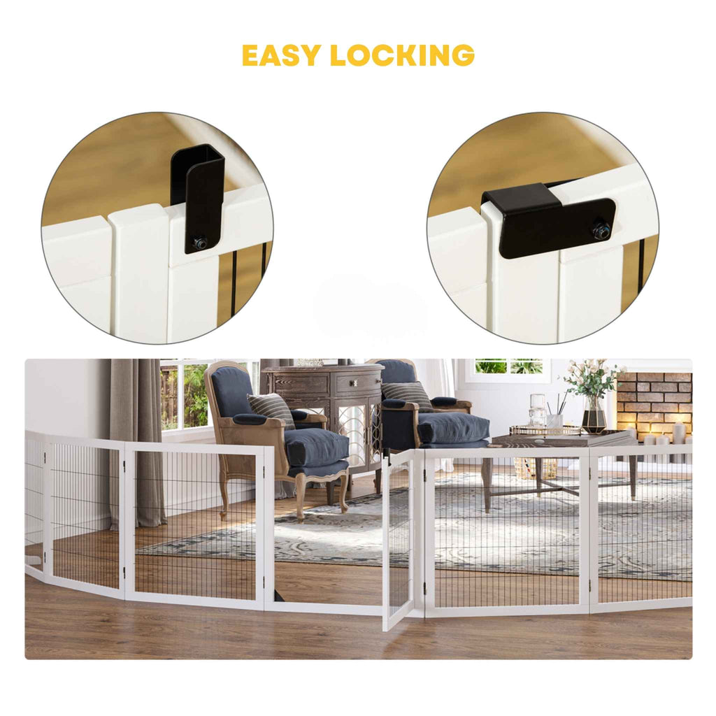 Easy locking system for extra wide white wooden dog gate