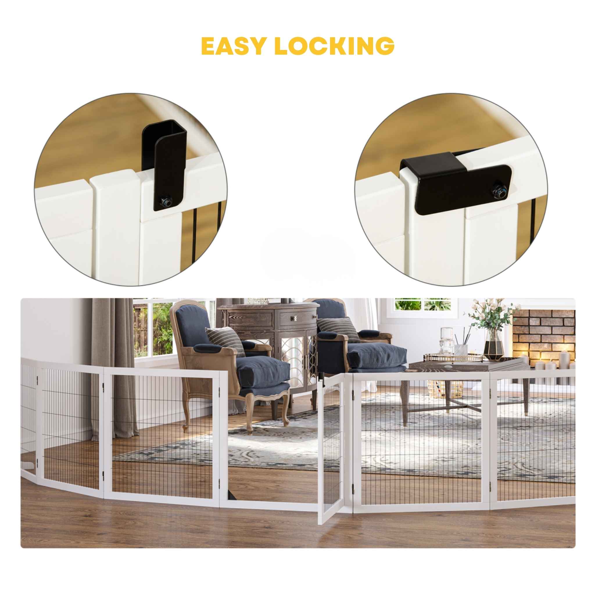 Easy locking system for extra wide white wooden dog gate