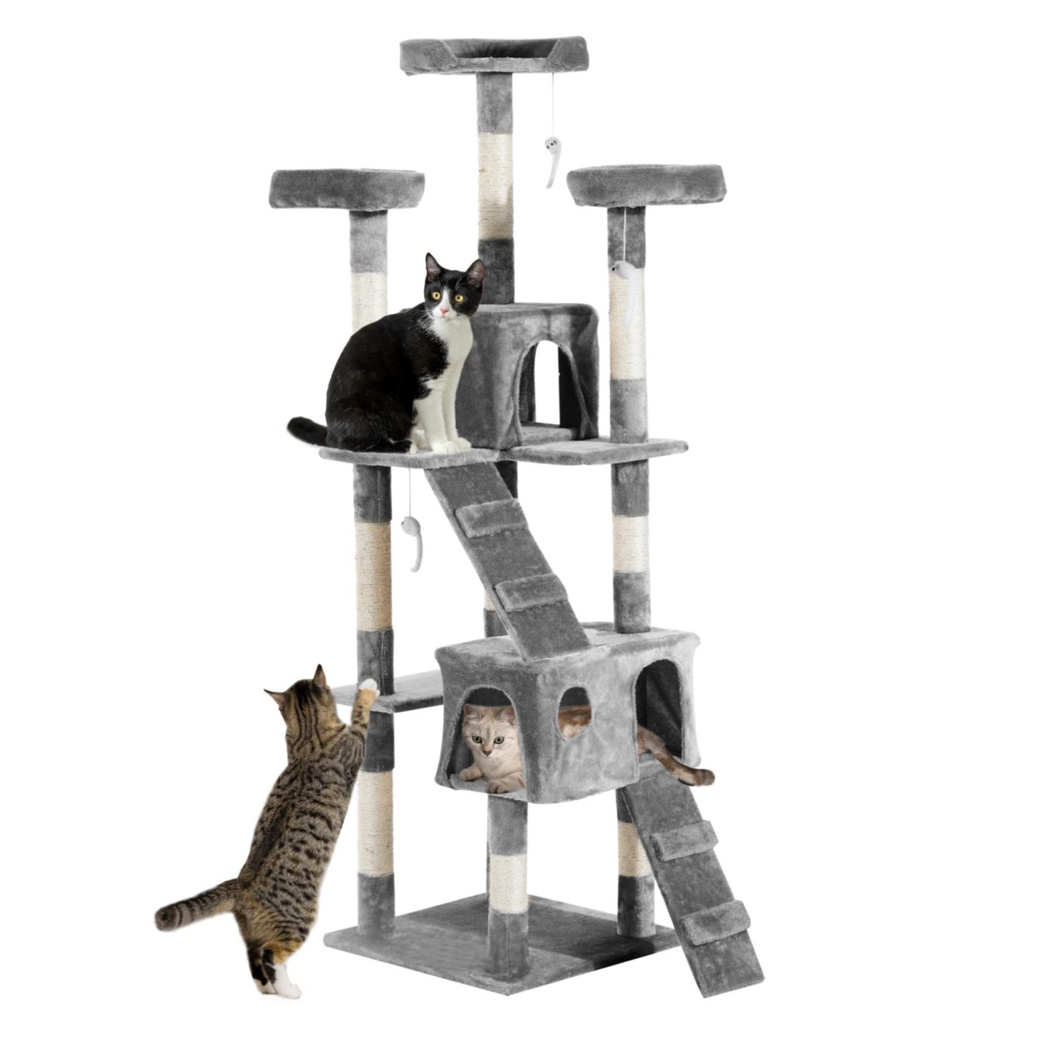 Extra tall cat scratching post with platforms 170 cm tall grey plush fabric sisal rope