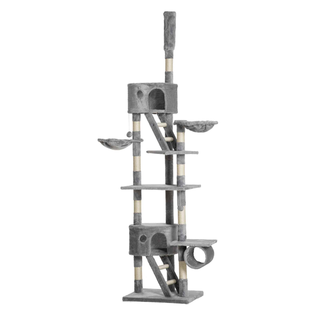 A tall multi-level cat tree with gray fabric-covered platforms, cat beds, scratching posts wrapped in cream and grey striped material, and a top perch.