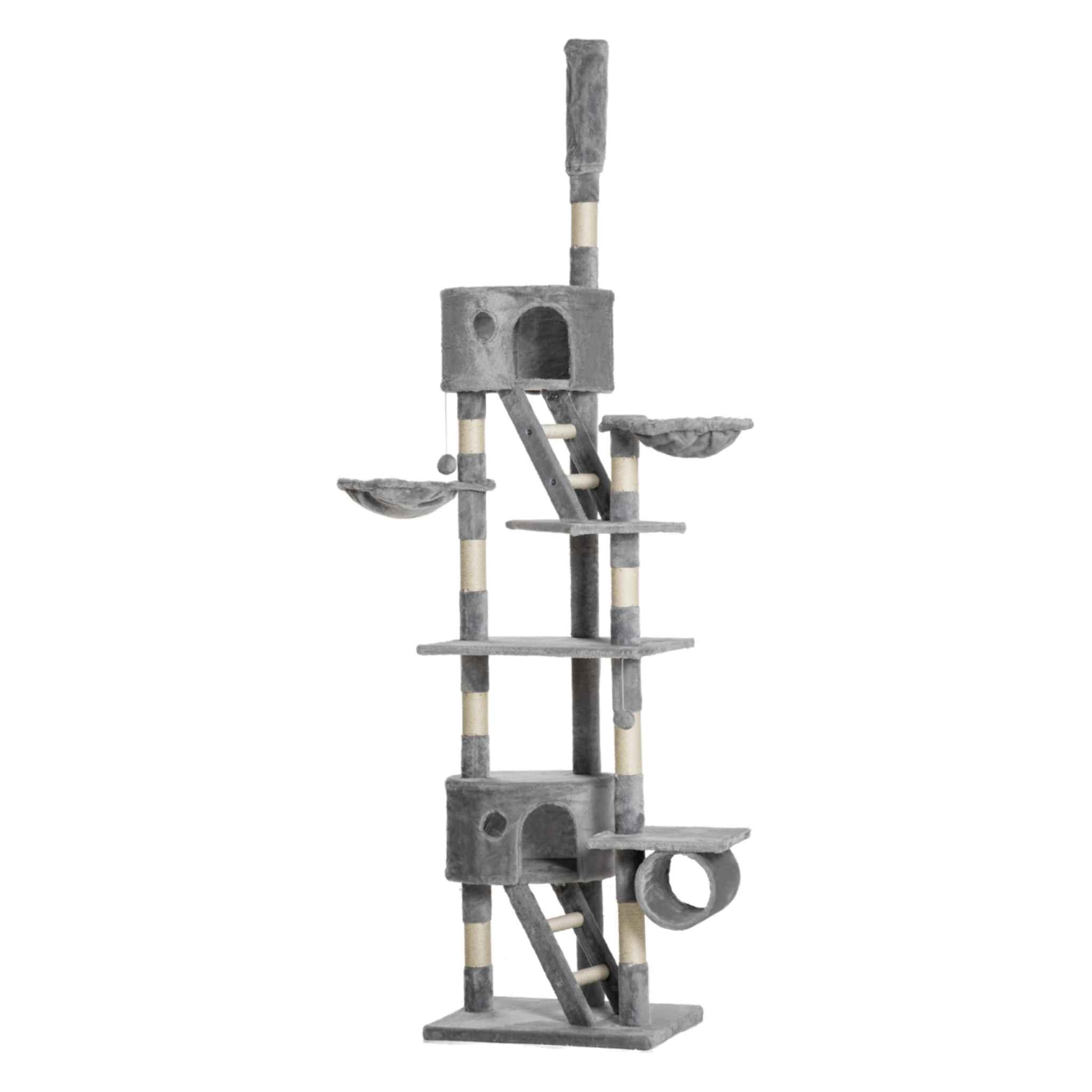 A tall multi-level cat tree with gray fabric-covered platforms, cat beds, scratching posts wrapped in cream and grey striped material, and a top perch.