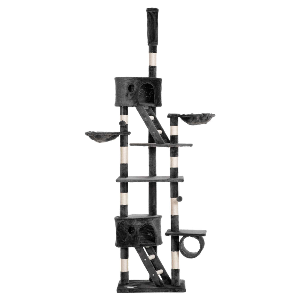 A tall dark grey cat tree with multiple levels, platforms, scratching posts, a ladder and houses