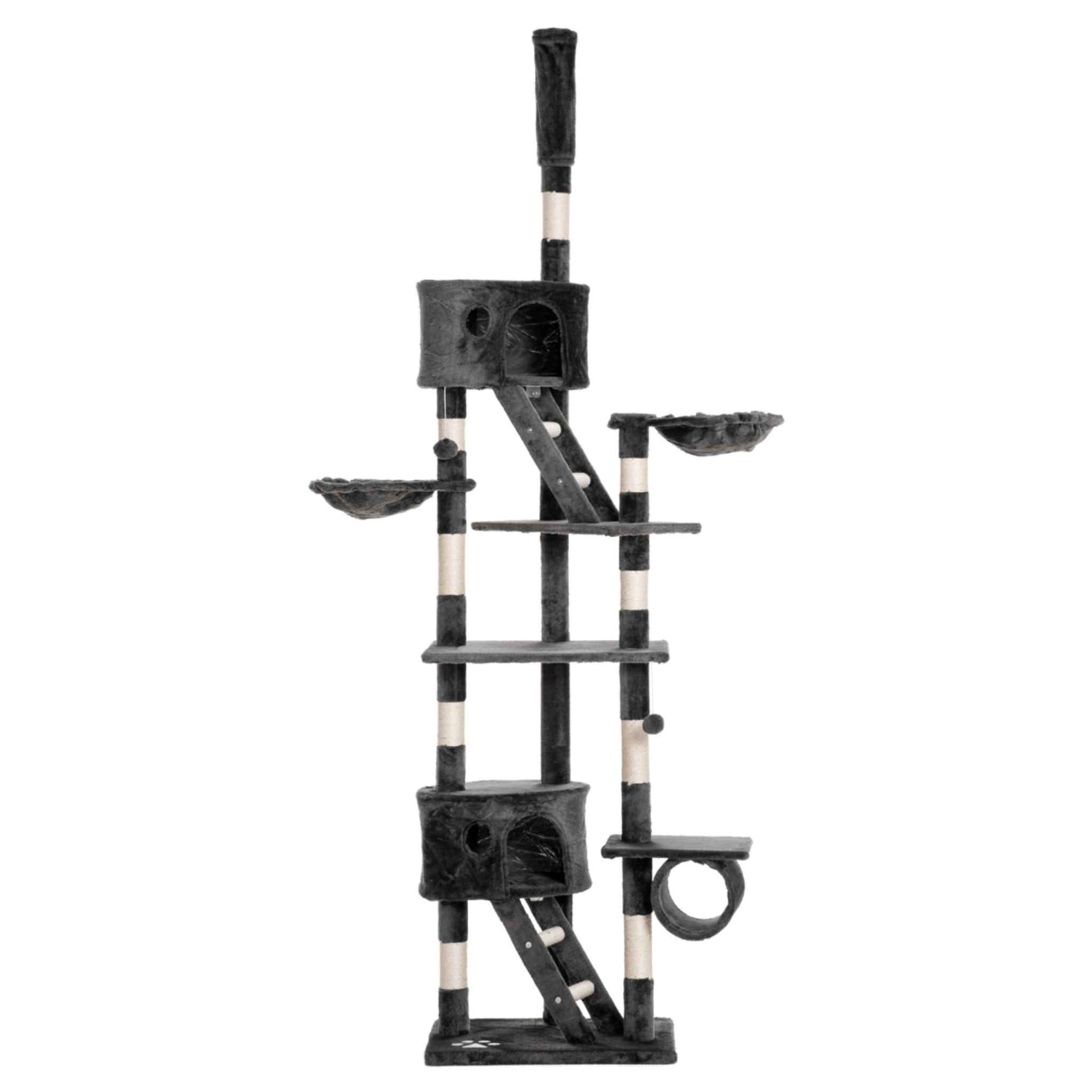 A tall dark grey cat tree with multiple levels, platforms, scratching posts, a ladder and houses