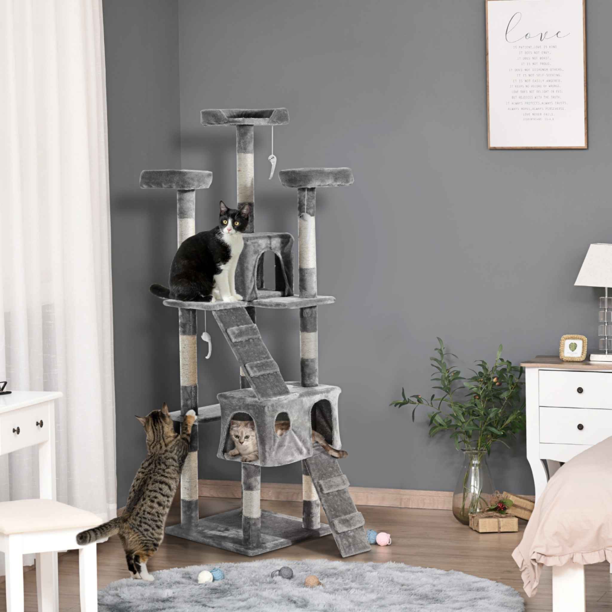 Extra tall grey cat scratcher with multiple levels in living room