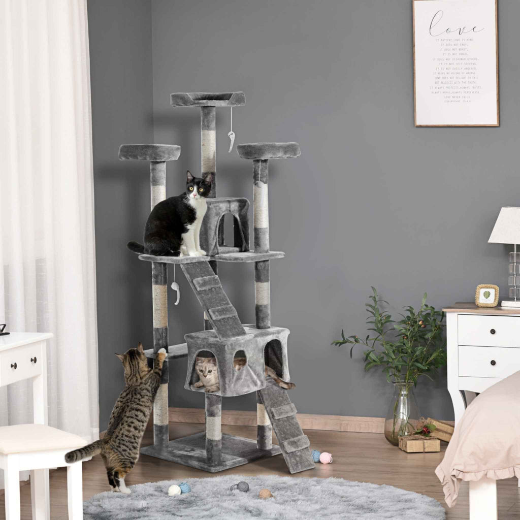 Extra tall grey cat scratcher with multiple levels in living room