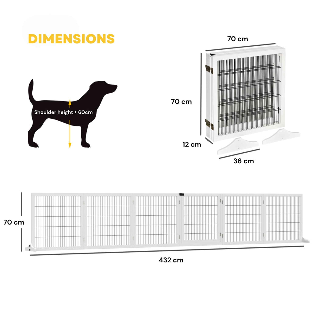 Extra wide freestanding pet gate 6 white wooden panels 432cm x 70cm dimensions