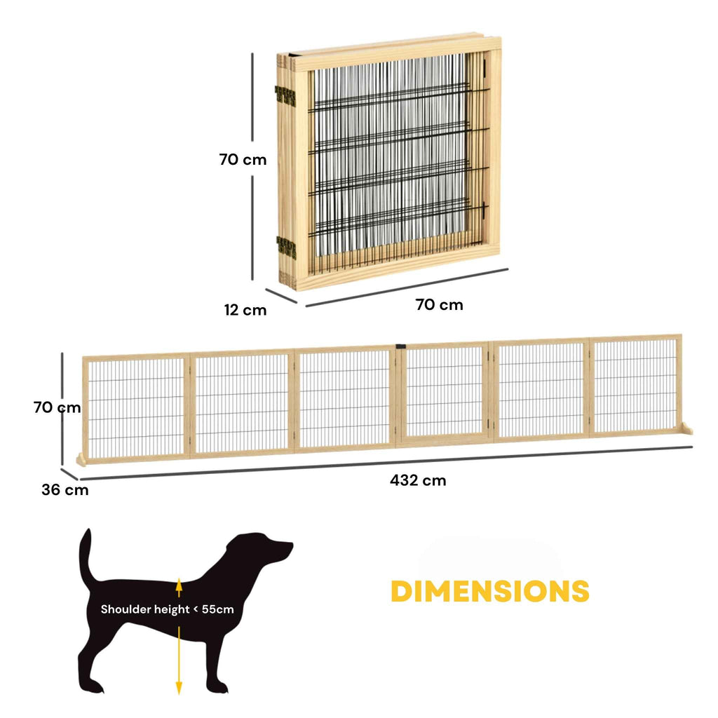 Extra wide freestanding pet gate 6 wooden panels 432cm x 70cm dimensions
