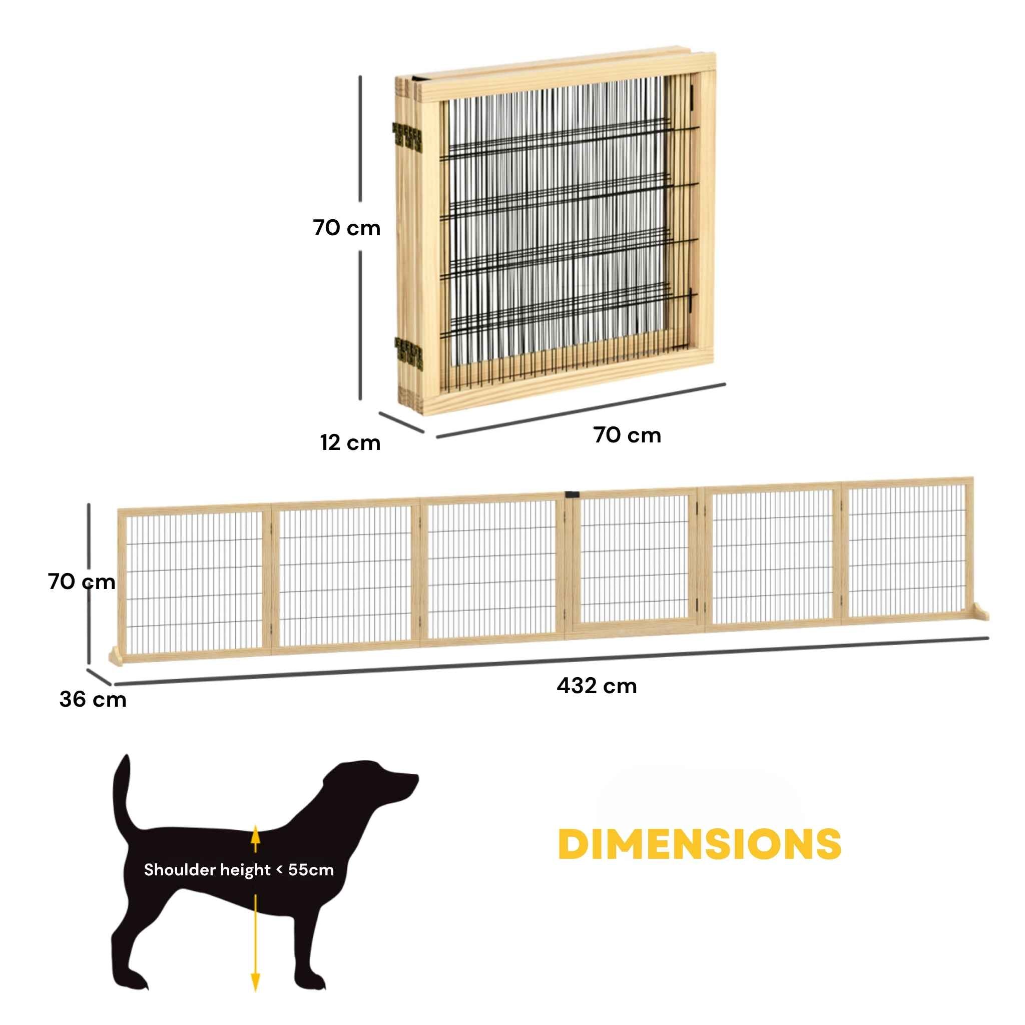 Extra wide freestanding pet gate 6 wooden panels 432cm x 70cm dimensions