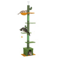 A tall cactus-shaped cat tree with green carpeted posts and platforms, orange hammock and base accents, and a cat house at the bottom