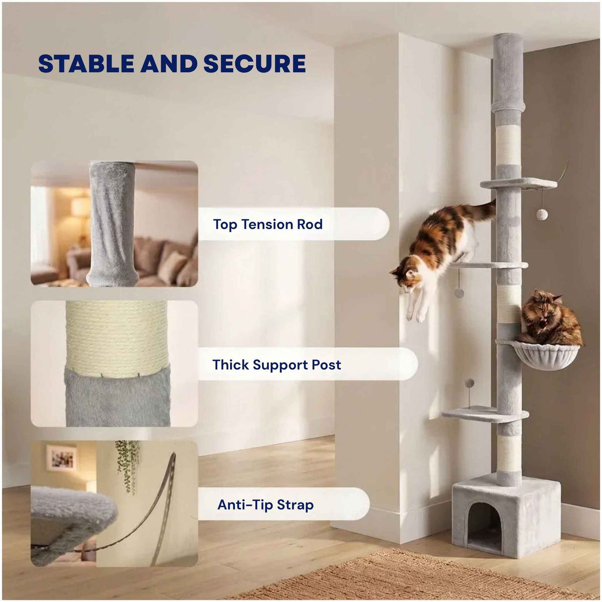 Floor to ceiling cat tree safety features