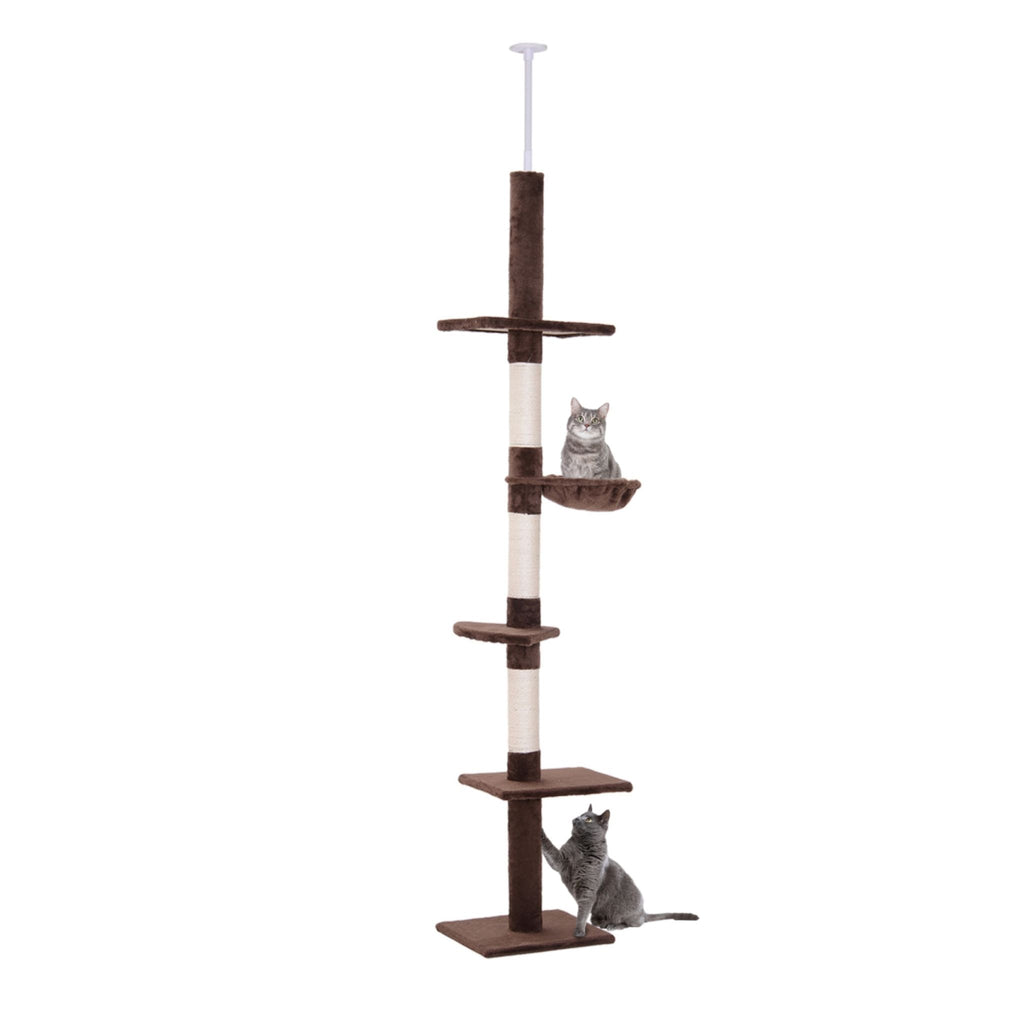 Floor to ceiling cat tree tower brown plush fabric