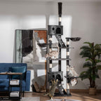 Cat tree with multiple cats playing in a living room