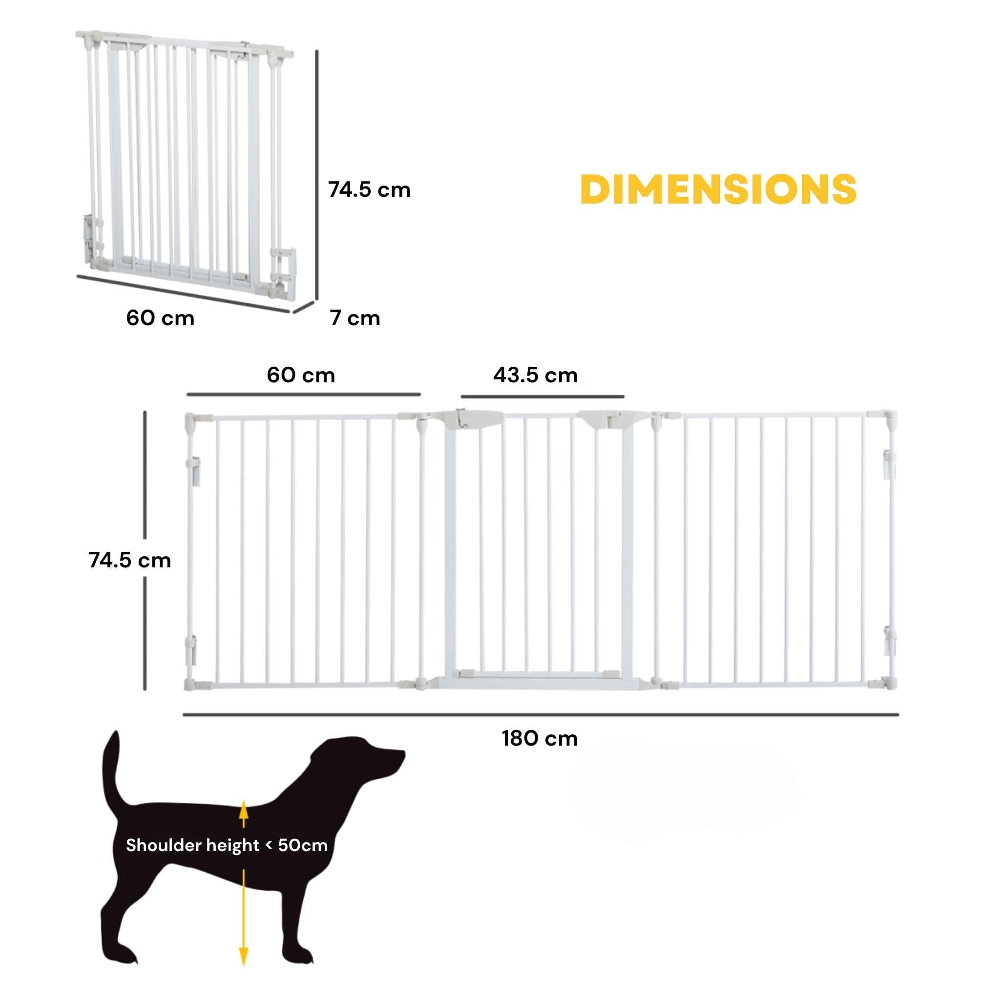 Freestanding pet gate 3 white panels 180cm x 74cm dimensions