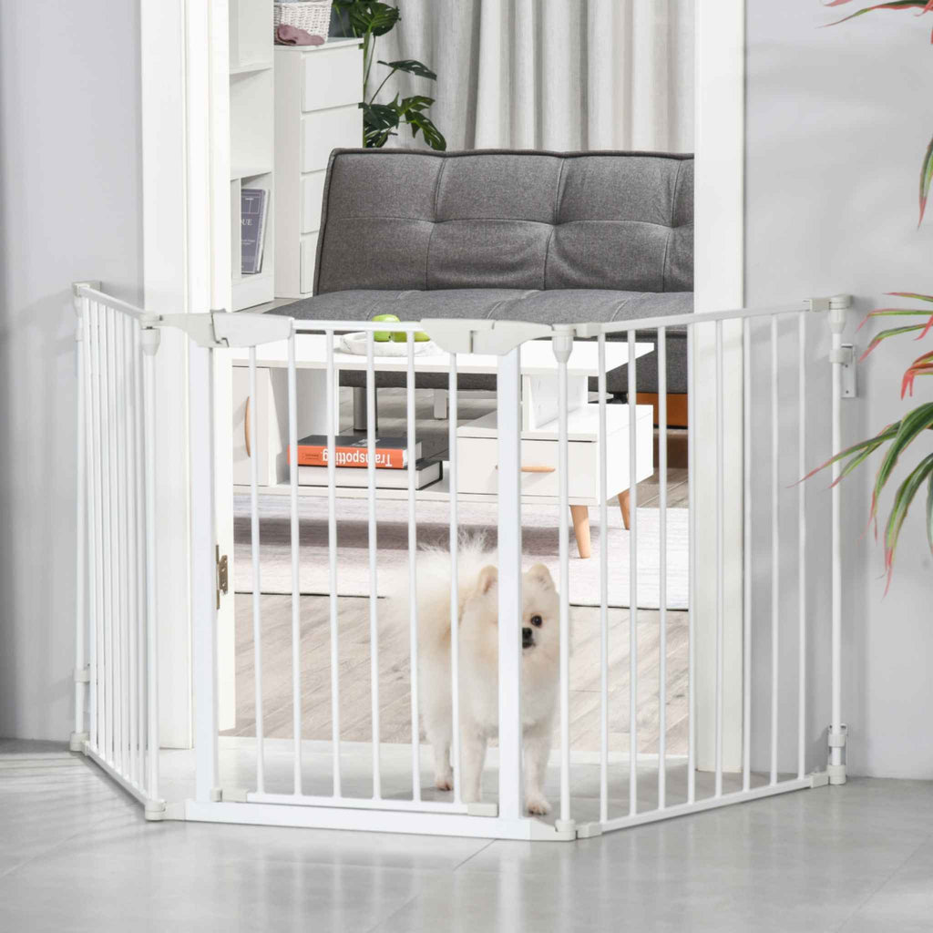 Freestanding white metal dog gate in hallway