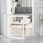 Freestanding white metal dog gate in hallway