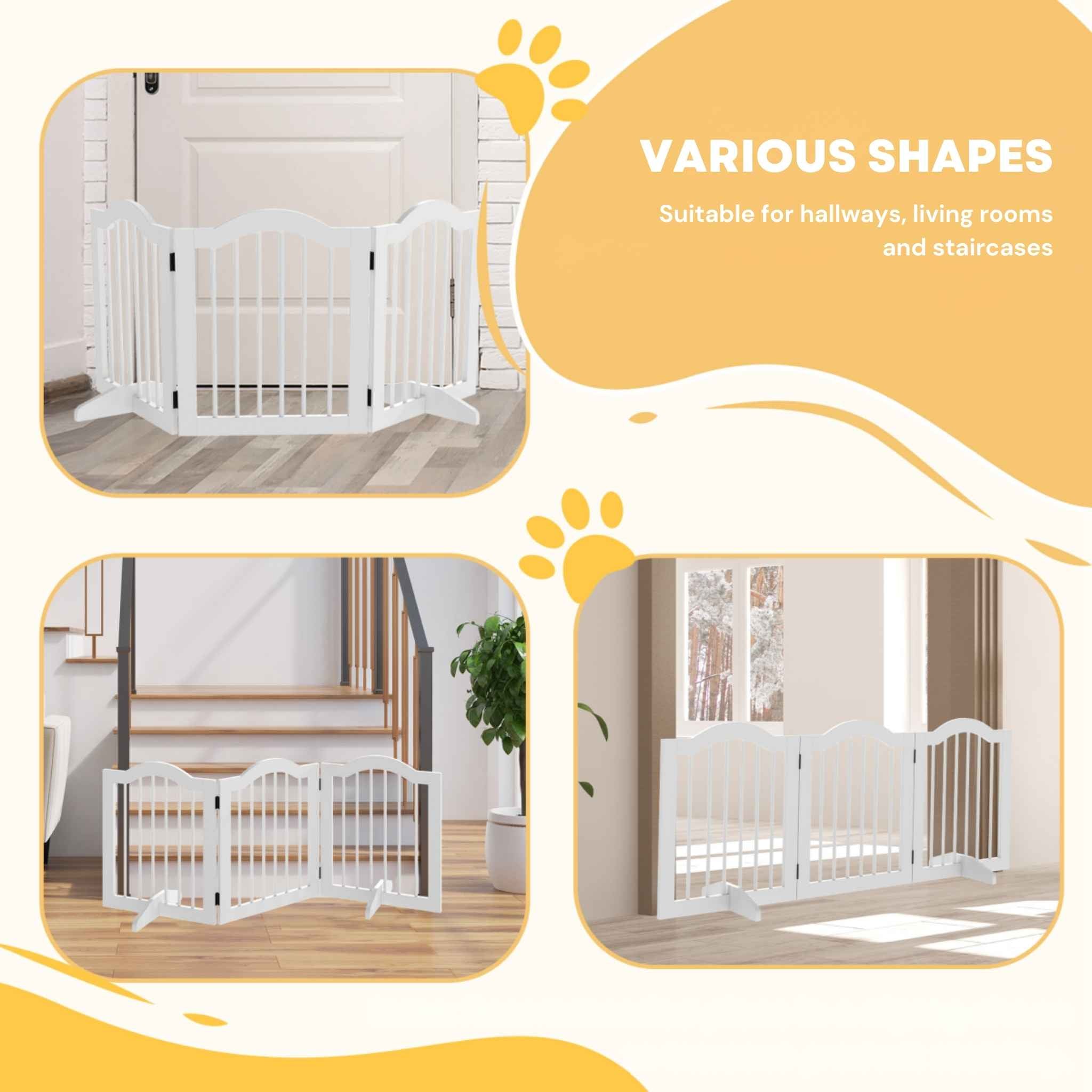 Freestanding white wooden dog gate in various shapes