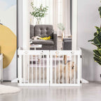 Freestanding white wooden pet gate in doorway